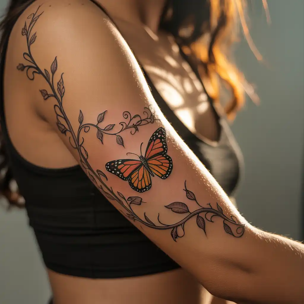 Vine and Butterfly Arm Tattoo