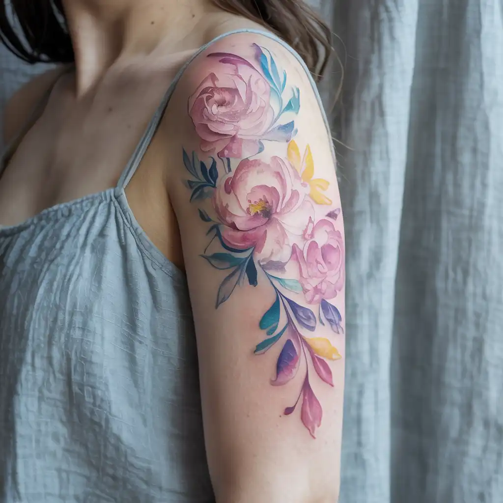 Watercolor Floral Upper Arm Tattoo