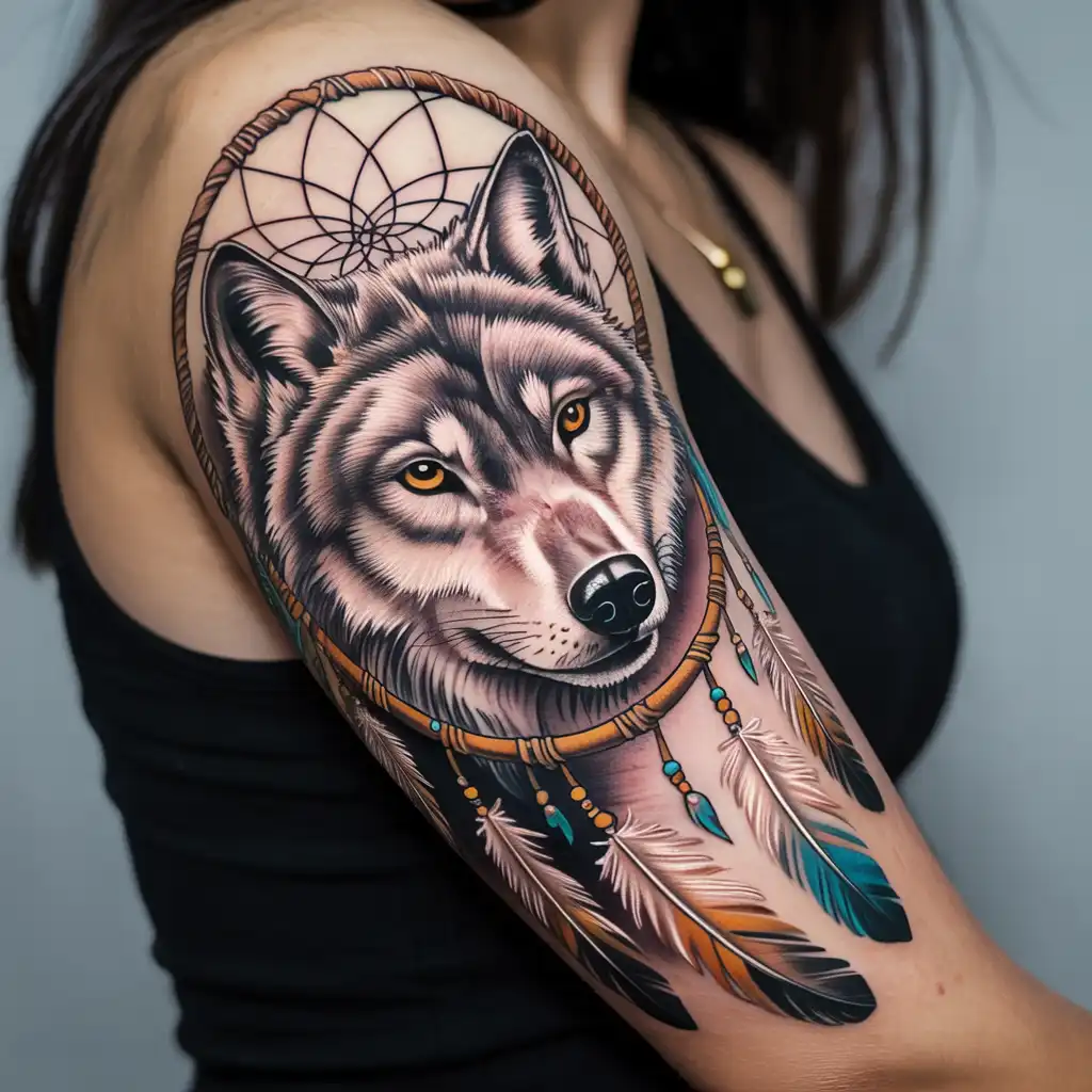 Wolf Dreamcatcher Protection Tattoo