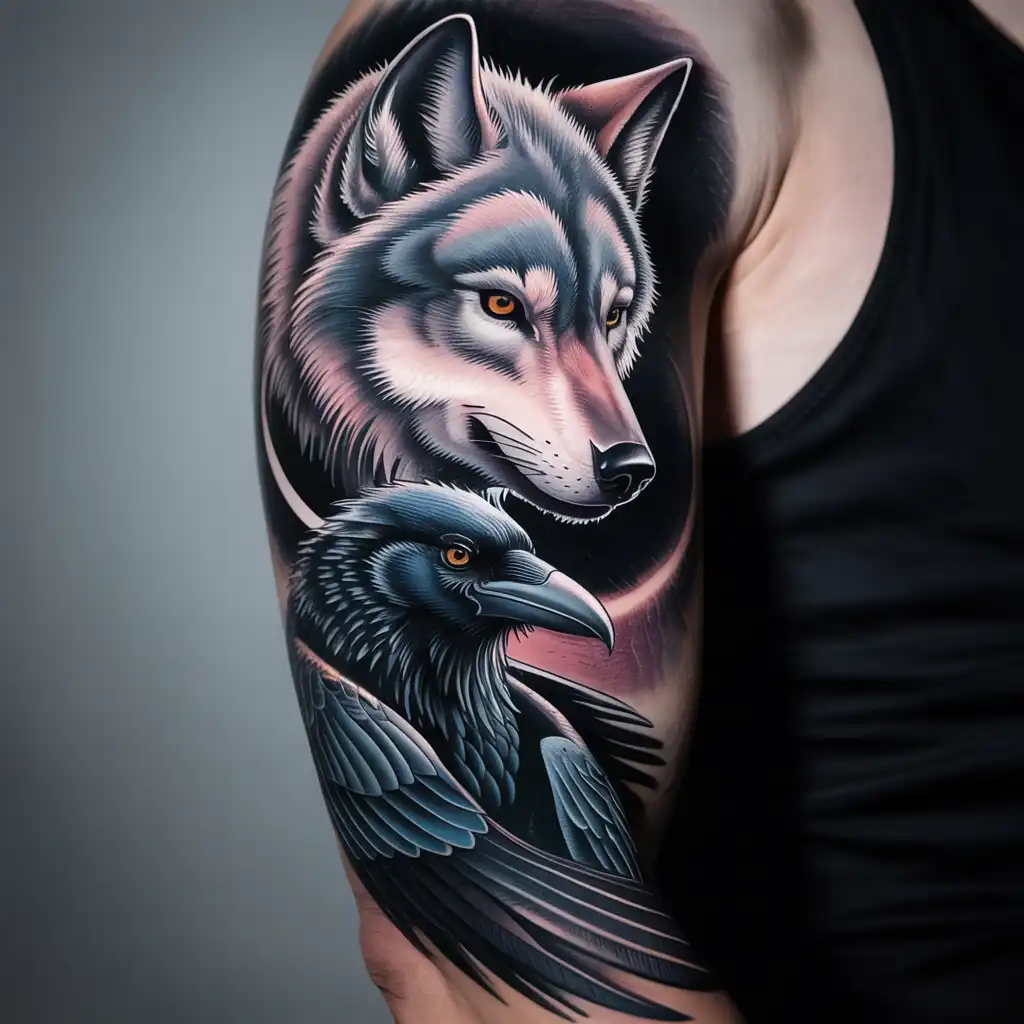 Wolf and Raven Wisdom Tattoo