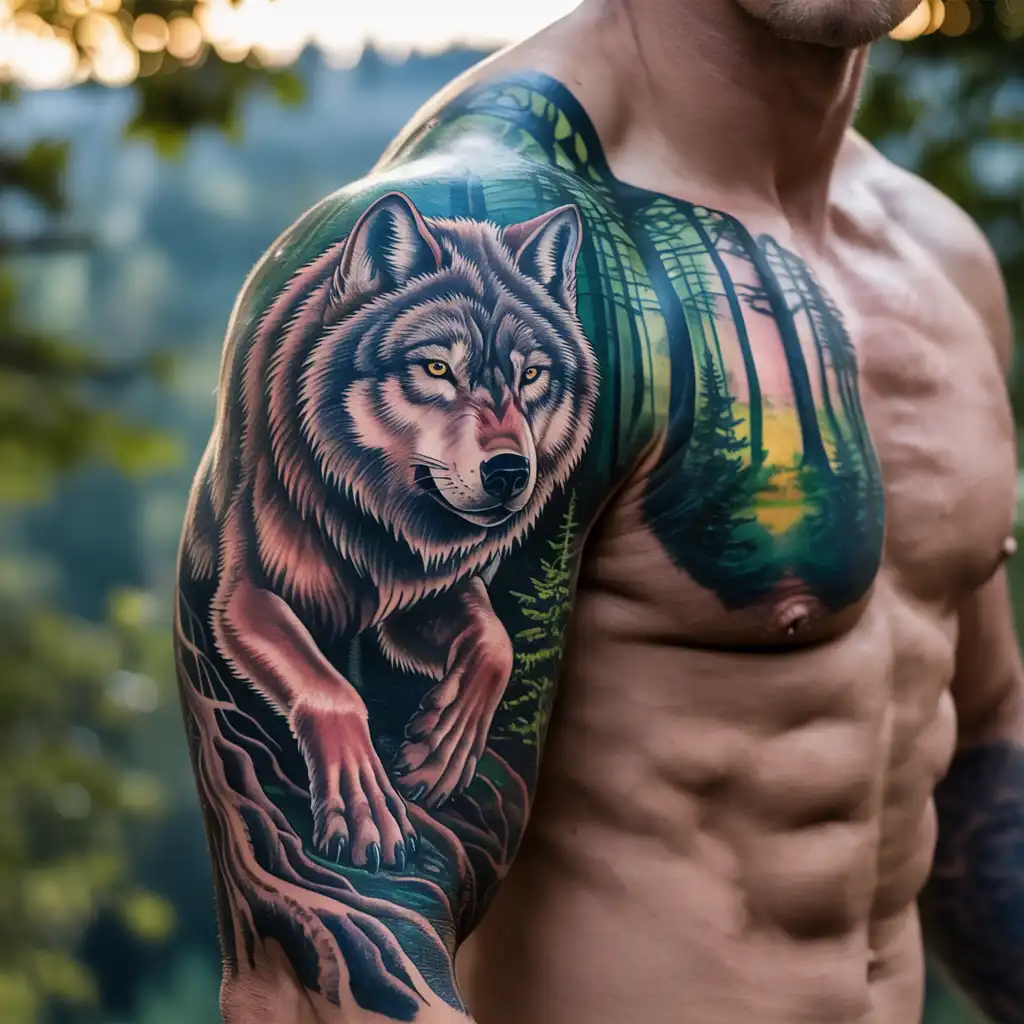 Wolf in Forest Tattoo