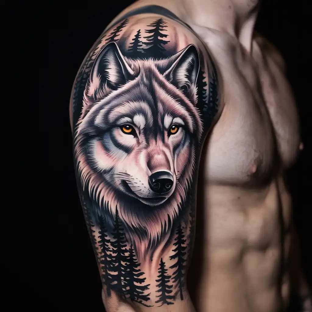Wolf with Forest Tattoo