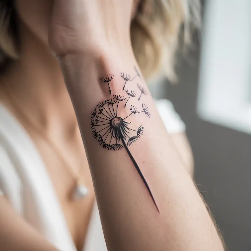 Black Ink Dandelion Tattoo