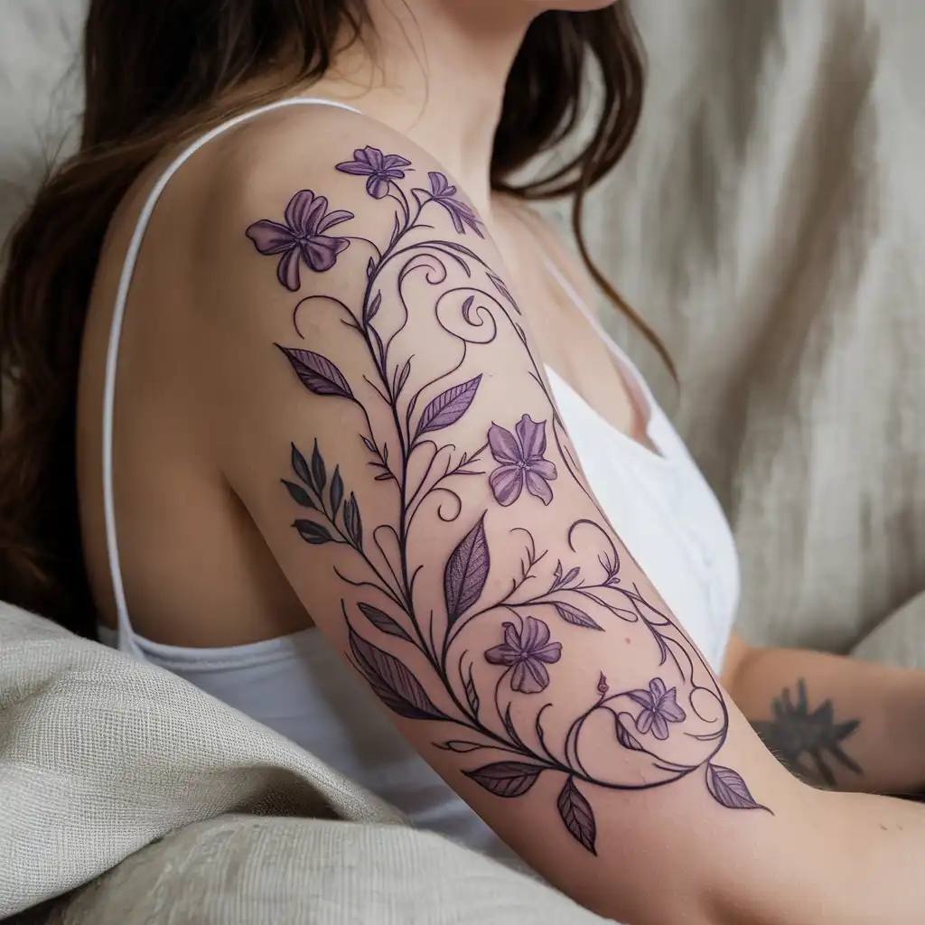 Black Ink Violet Botanical Tattoo