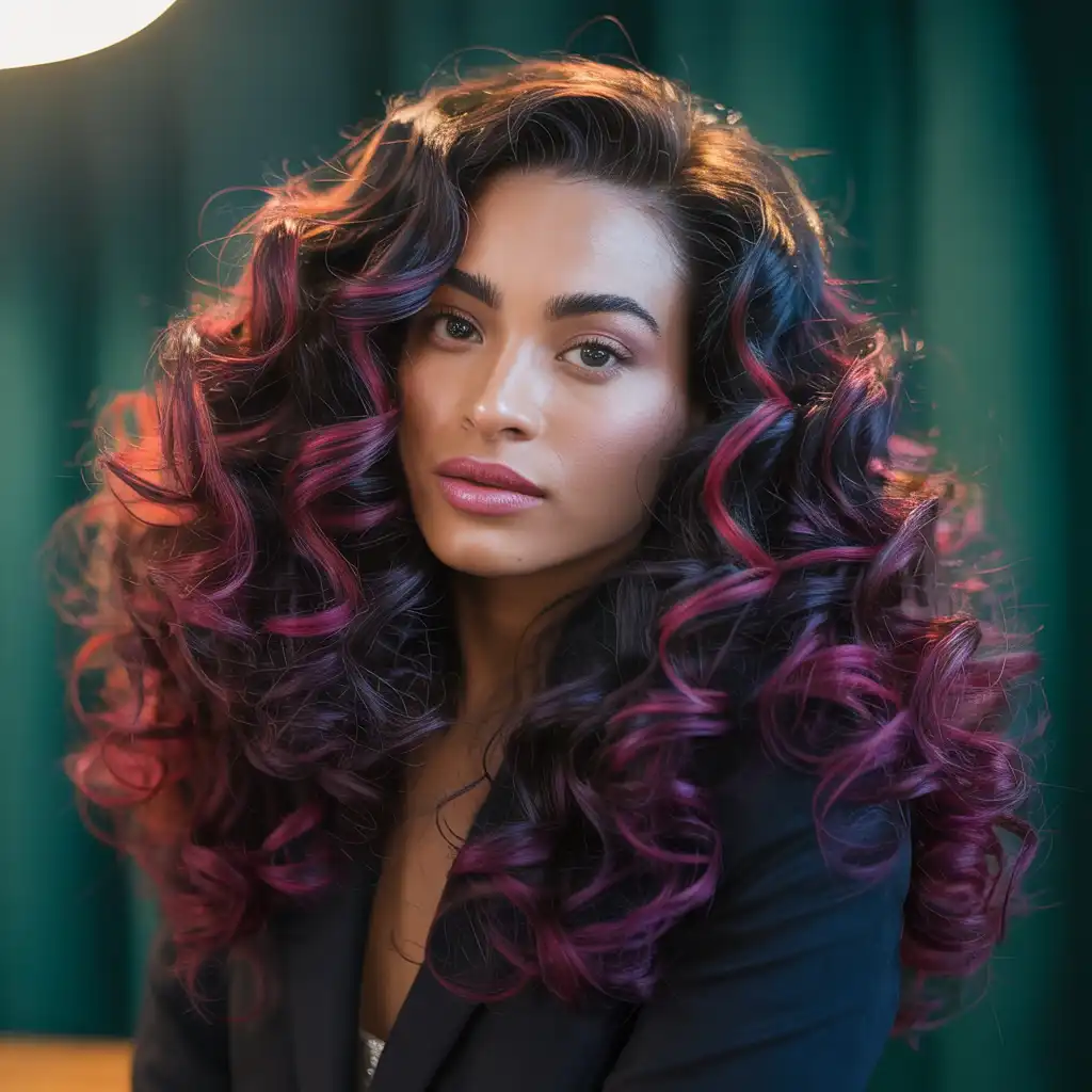 Burgundy Purple Highlights on Curly Hair