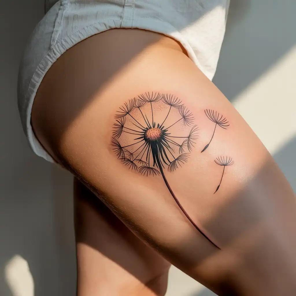 Dandelion Thigh Tattoo