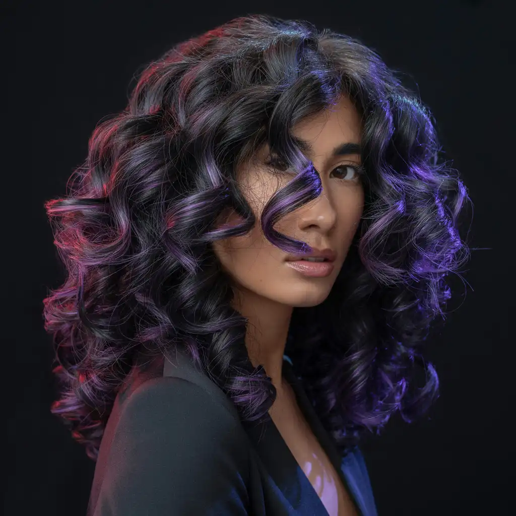 Dark Purple Highlights on Black Curly Hair