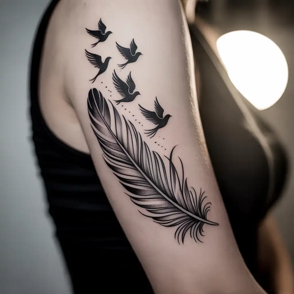 Feather with Birds Tattoo