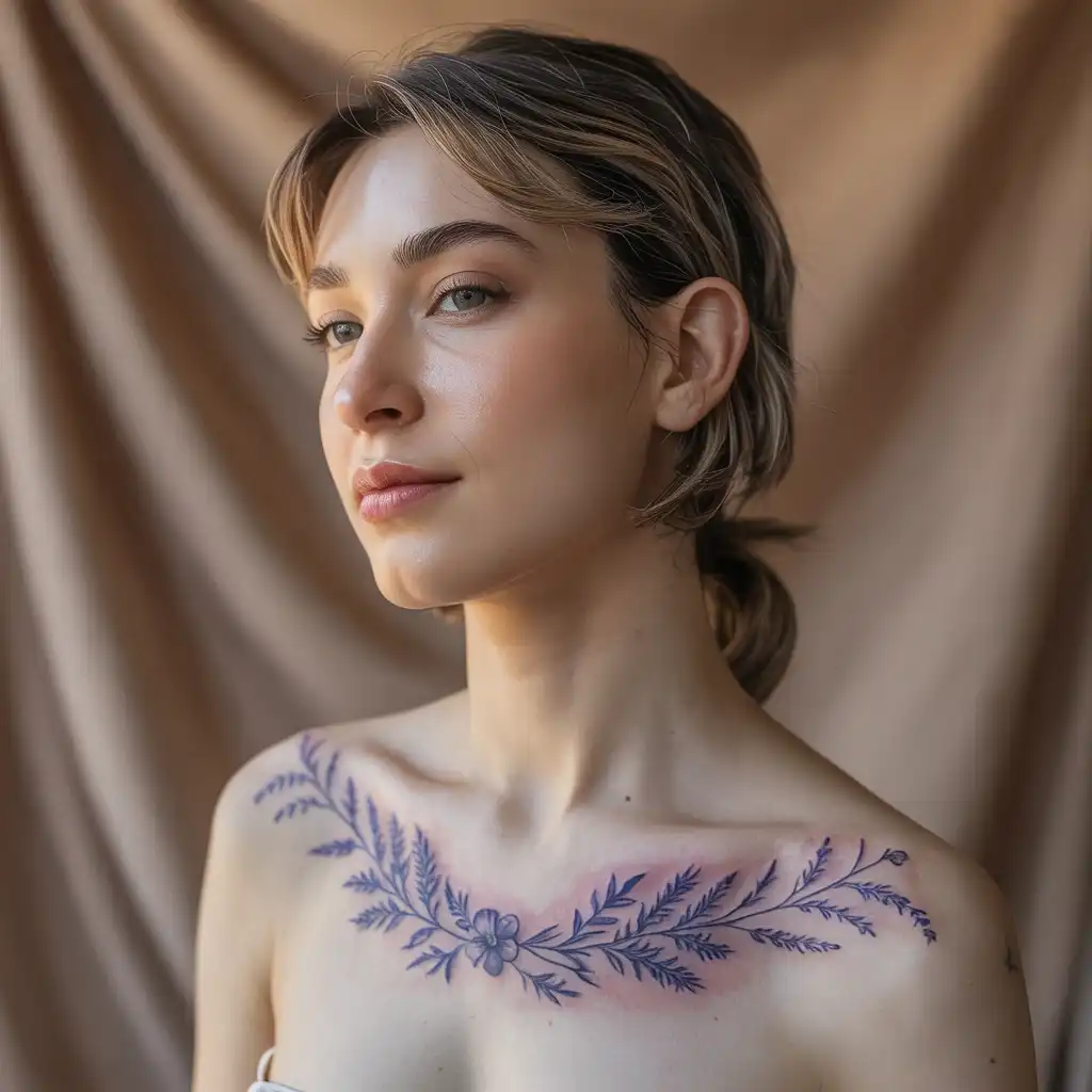 Fine Line Violet Collarbone Tattoo