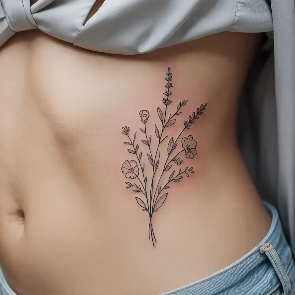Floral Bouquet Stomach Tattoo
