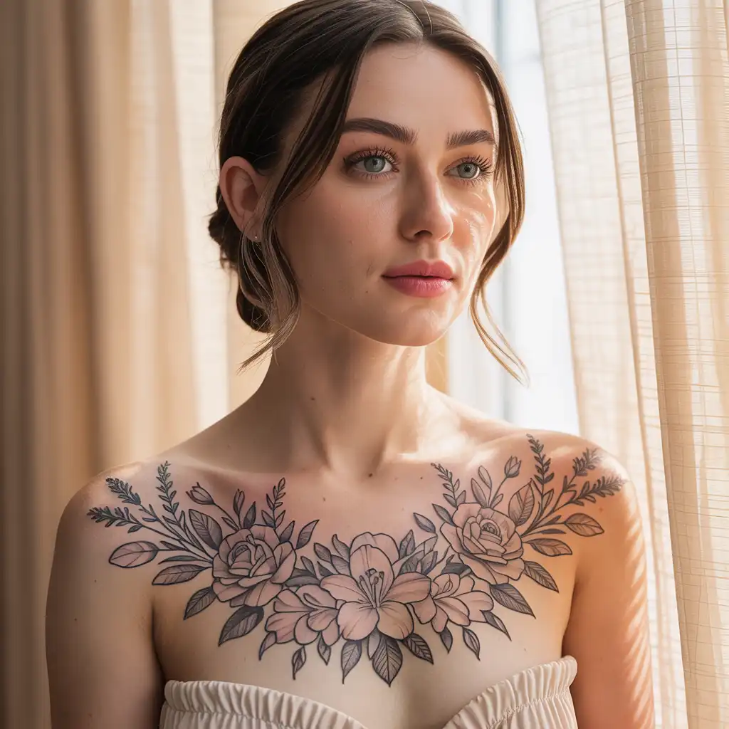 Floral Collarbone-Chest Tattoo