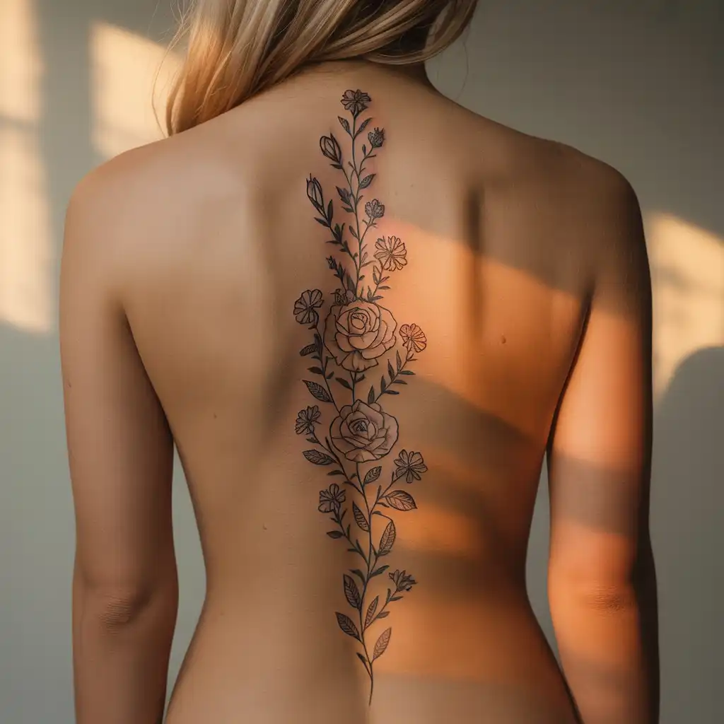 Floral Spine Back Tattoo