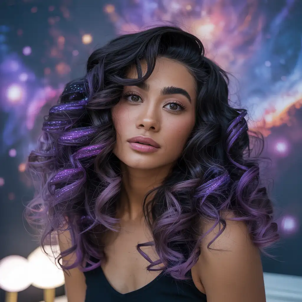 Galaxy-Inspired Purple Highlights on Curls