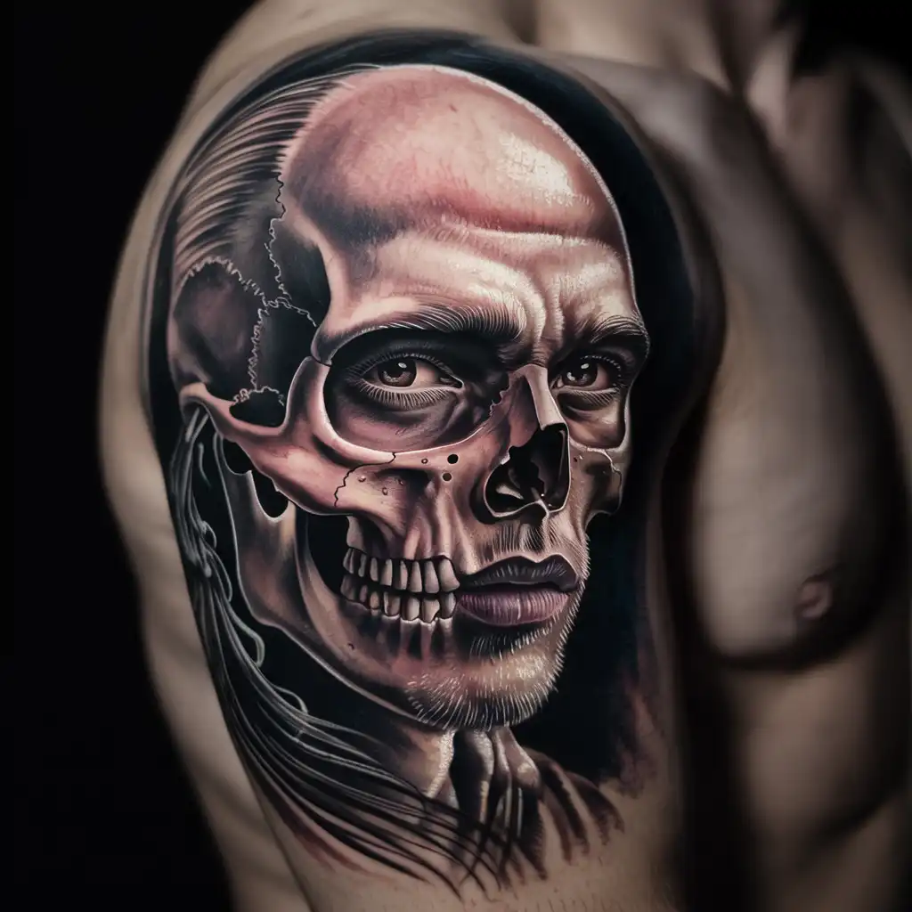 Half Skull Half Face Tattoo