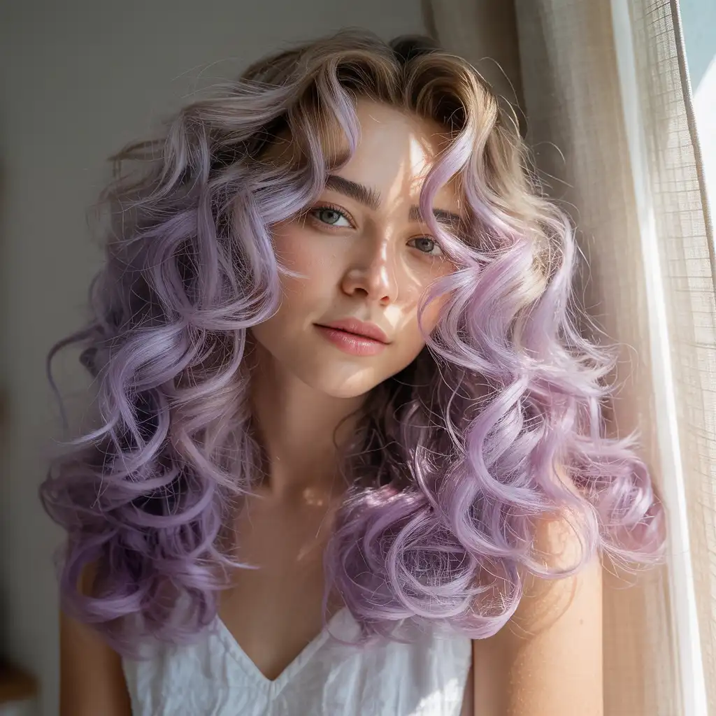 Pastel Purple Balayage on Curly Hair
