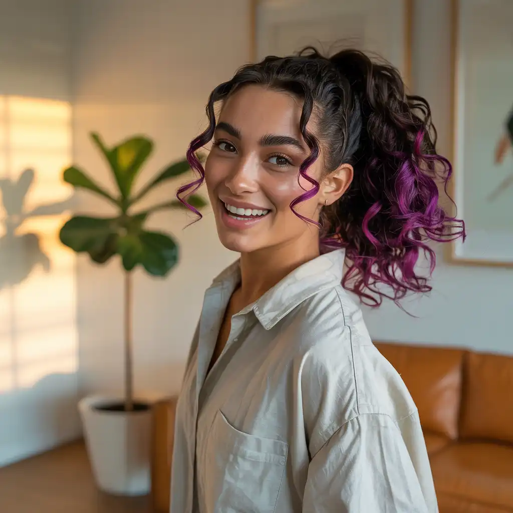 Purple Highlights on Curly Ponytail