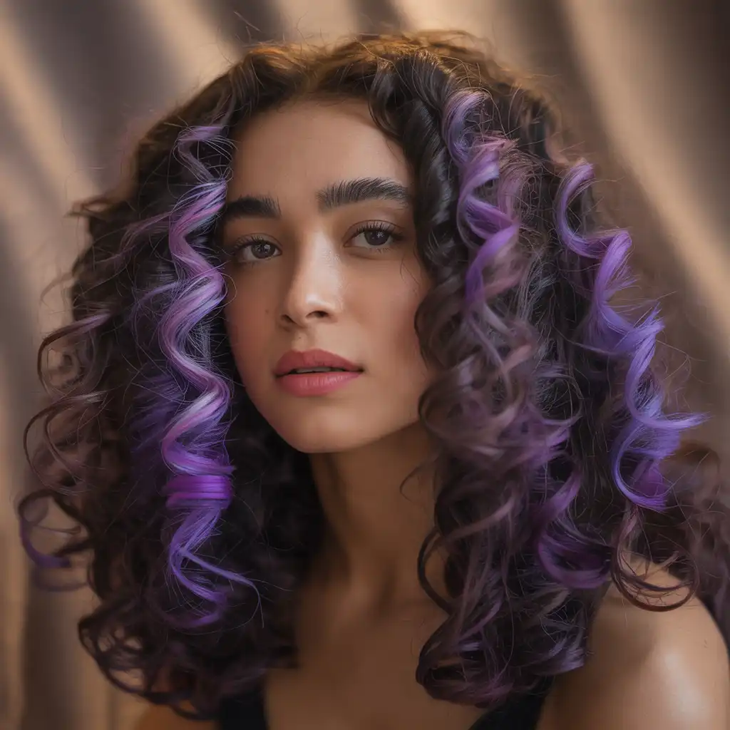 Purple Money Pieces on Curly Hair