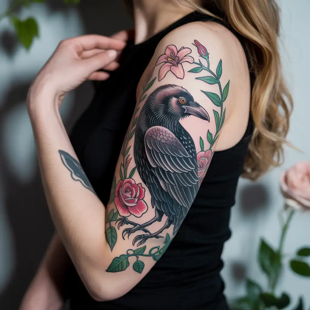 Raven and Flowers Sleeve