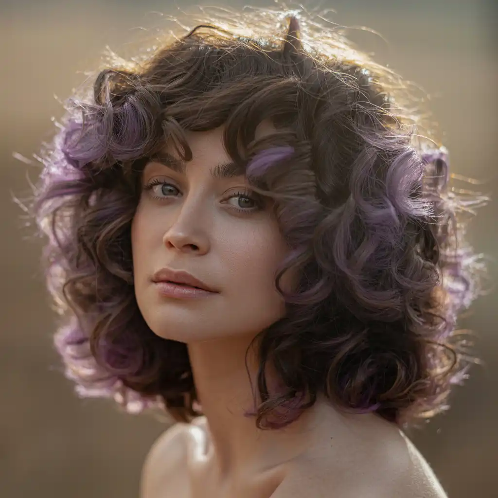 Subtle Purple Highlights on Brown Curly Hair