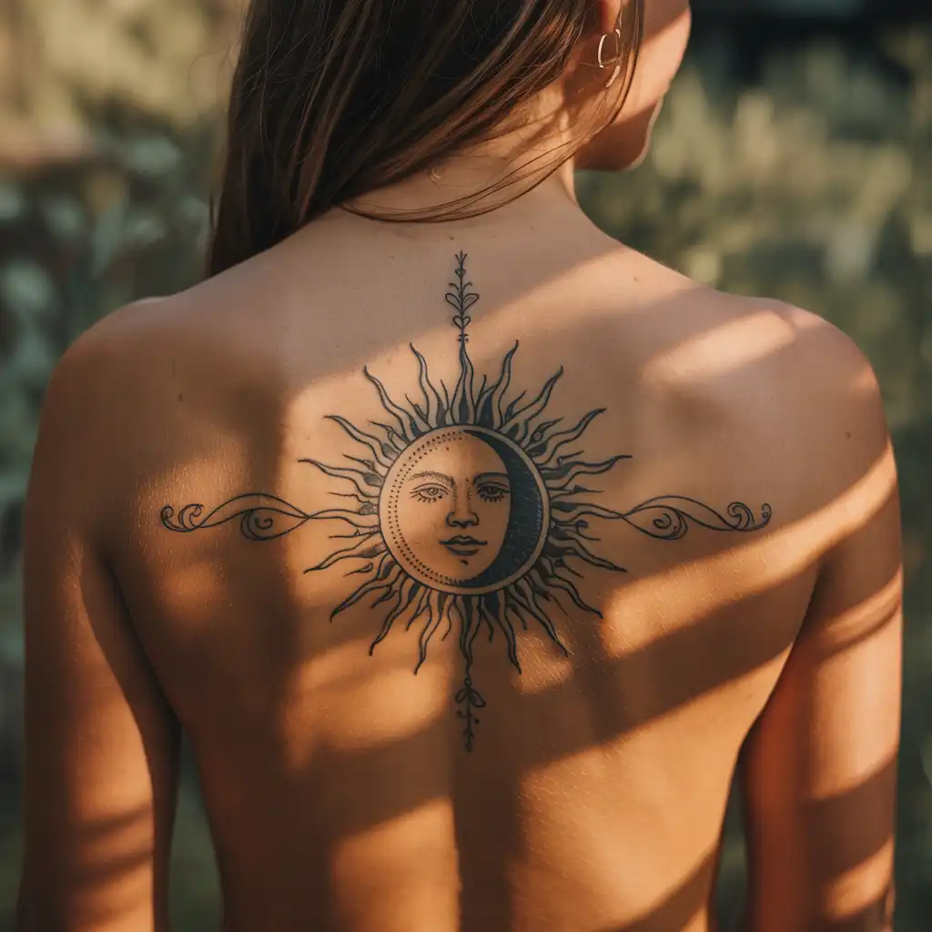 Sun and Moon Back Tattoo