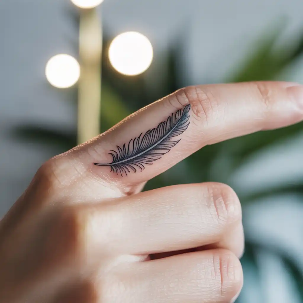 Tiny Finger Feather Tattoo