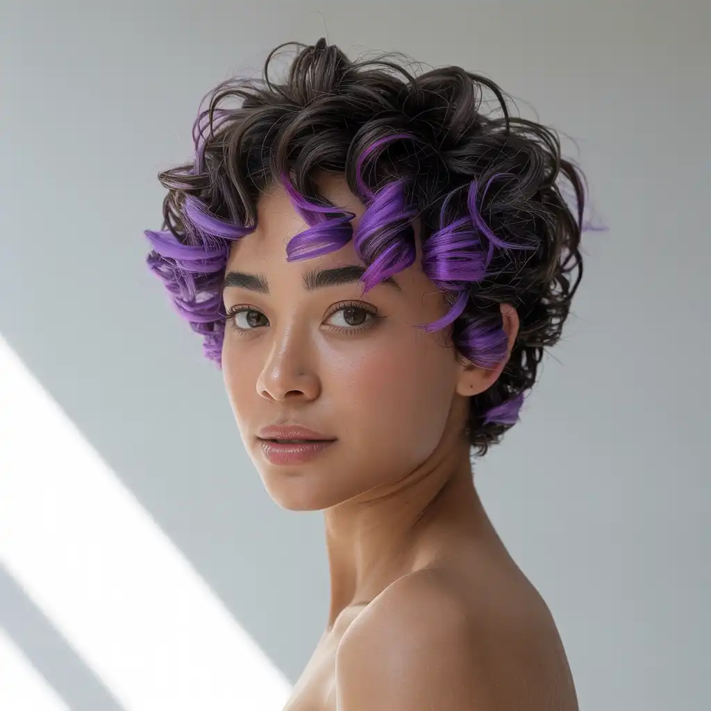 Violet Highlights on Short Curly Hair